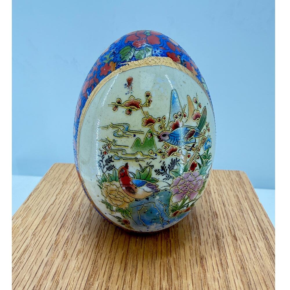 Vintage Chinoiserie Porcelain Egg Asian Bird Floral Decorative 4 Inch 80s 90s